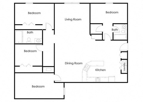 Floor plan for 4 beds, 2 baths, 1475 sqft